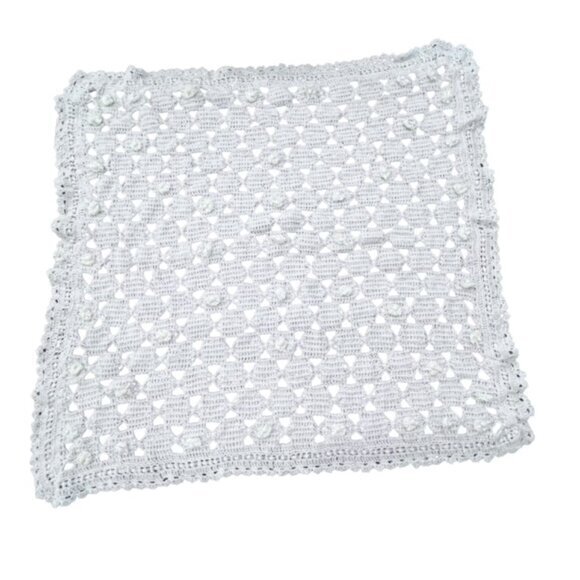 WHITE Crochet Knit Throw Blanket Afghan Gift Ribbon Florals 38 x 39" Cottagecore - Picture 5 of 10